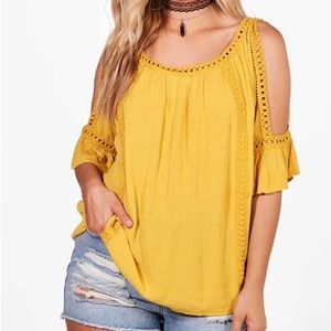Boohoo Yellow Cold Shoulder Crochet Trim Top